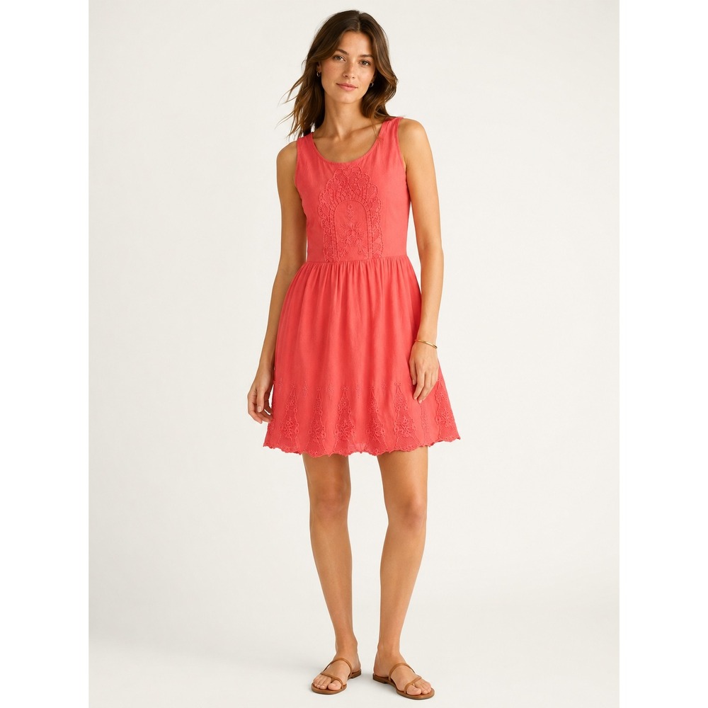 Old Navy Womens Embroidered Mini Dress 8 Coral Pink Boho Summer Eyelet Cotton